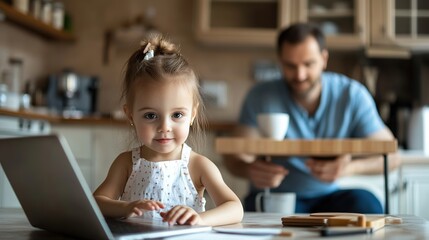A young girl plays on a laptop while her father enjoys coffee at the table, showcasing a warm family moment at home.