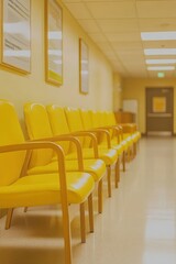 A hallway with yellow chairs, likely in a waiting area of a medical facility.