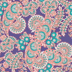 Colorful Paisley wallpaper. Vector Indonesian batik. Bright classic indian fabric. Paisley wallpaper. Ethnic background with paisley and stylized flowers. For textile, cover, wrapping paper, fabric