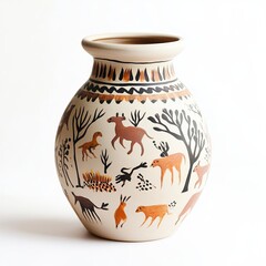 Hand-painted pottery jar with scenes of hunting and gathering, depicting early human survival and storytelling