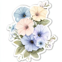 A cute sticker featuring a delicate bouquet mix of Petunias and morning glories blooms, in watercolor style