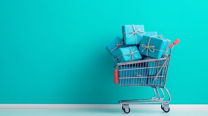 Colorful Shopping Bags and Cart on Minimalist Blue Background for Online Retail and E-commerce