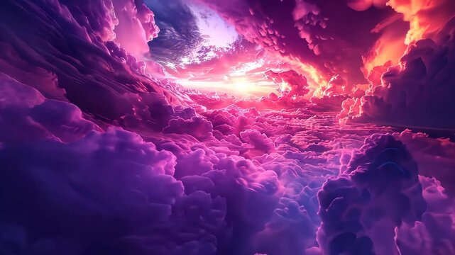 A vibrant sunset illuminates a sea of pink and purple clouds, creating a surreal and beautiful scene