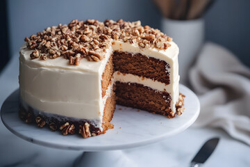 A delicious two-layer carrot cake topped with creamy frosting and crunchy pecans, perfect for any celebration or dessert occasion