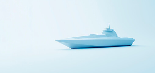 Futuristic warship rendered in soft blue tones, set against pale background, modern representation of naval design