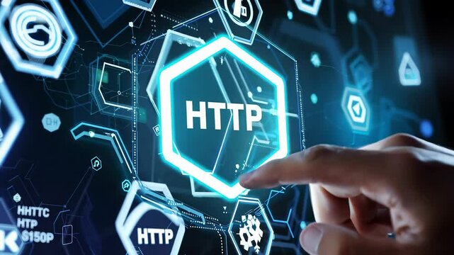 Hand Interacting with Futuristic Digital Interface Featuring Hexagonal Technology Icons HTTP and Holographic Data