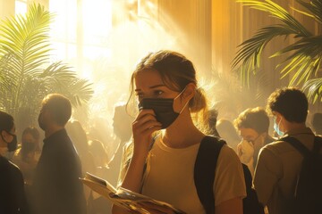 Two people in a hotel lobby, visibly coughing and covering their faces due to poor air quality. Generative AI