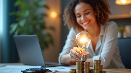 Woman holding a lightbulb over coins, financial ideas, and growth