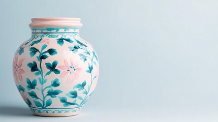 Rustic, hand-painted pottery jar with soft blue and pink floral motifs, inspired by ancient Persian designs