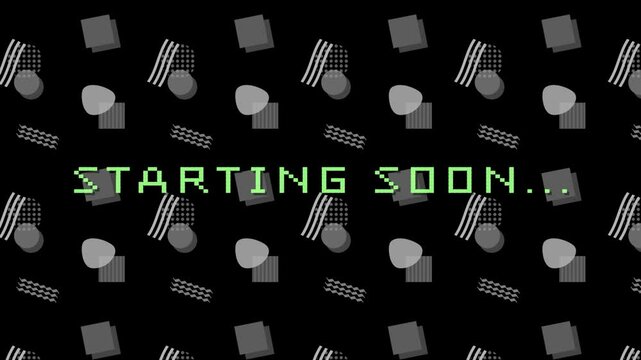 黒背景メンフィス柄にstarting soonの文字の待機画面