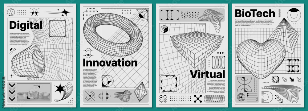 Aufkleber Brutalism y2k posters with retro grid and 3d abstract shapes. Vector futuristic, brutal digital innovation and biotech black and white templates with 3d wireframe pattern and three dimensional figures