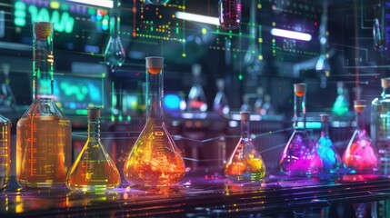 Chemistry science laboratory beaker or flask glassware with liquid. Medical research lab equipment, biochemistry