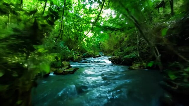 FPV shot of weaving through narrow jungle pathways lined with thick vines and tropical plants