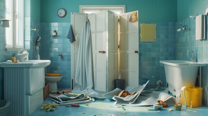 Disorganized bathroom scene featuring an overturned folding screen and scattered belongings