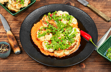 Spicy roasted cauliflower served with a creamy sauce.