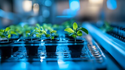 Close-up of Green Seedlings in a Hydroponic System under Blue Light