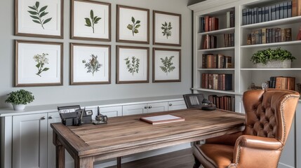 A farmhouse-inspired home office with a wooden desk