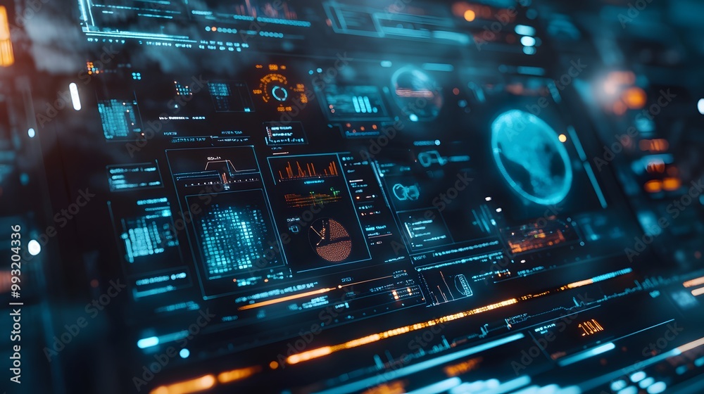 Poster futuristic digital interface with data visualizations and a global map