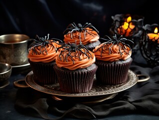 Halloween pumpkin chocolate cupcake with cozy halloween background