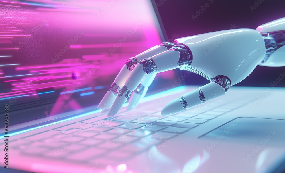 Poster a robot hands presses a keyboard on a laptop while rendering 3d