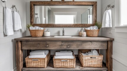 A chic farmhouse bathroom with a reclaimed wood vanity