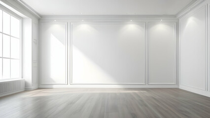Empty room interior against white classic wall panels. Modern studio design. Bright minimalist space. Luxury space for displaying product.