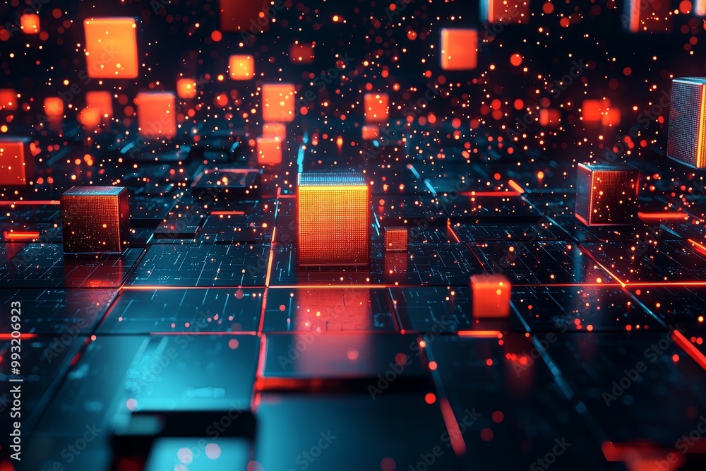 Poster an image of glowing cubes with circuit lines on a dark background, rendered in 3d.