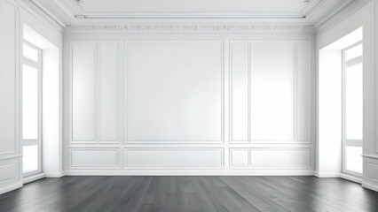 Empty room interior against white classic wall panels. Modern studio design. Bright minimalist space. Luxury space for displaying product.