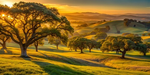Fototapeta premium Golden hour warm light casting long shadows on rural rolling hills dotted with solitary towering oak trees with massive trunks and sprawling canopies in serene idyllic landscape.