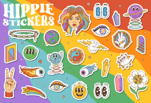 Stickers pack of groovy hippie symbols in psychedelic retro cartoon, vector icons. 70s groovy hippie stickers of girl head with rainbow hair and love or peace sign, funky freaky smile emoji and flower