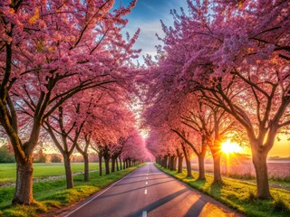 Luminous spring morning rural highway lined with blooming cherry blossom trees vibrant pink hues soft warm light happy atmosphere new beginnings idyllic scenery