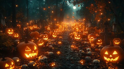 16. A creepy scene with a graveyard full of jack-o'-lanterns, skulls lining the pathways, and ghostly figures illuminated by the moonlight.