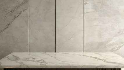 Empty marble table top on classic wall panels background. Empty concrete countertop for cosmetics, drinks and food presentation.