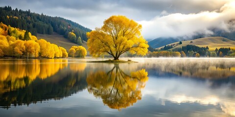 Fototapeta premium serene yellow-leafed tree reflected in still lake water surrounded by rolling hills under soft overcast autumn morning light