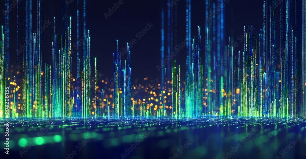 Poster the background is an abstract futuristic technological background with floating circuits, charts, an