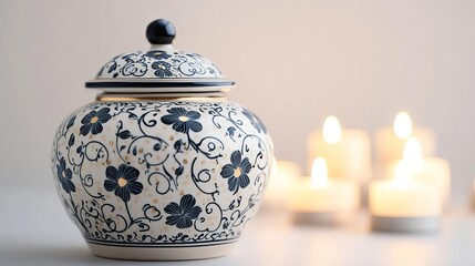Pottery jar with delicate floral patterns and subtle gold accents, surrounded by soft candlelight, suggesting an ancient shrine