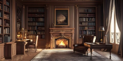 Atmospheric french library with charming an cozy interior in morning light intimate nostalgic elegant parisian