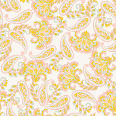 Digital vector textile print. Seamless Design suitable for covers, fabrics, textiles, wrapping paper, featuring an antique Thai pattern Paisley Indian motifs and decorative floral elements