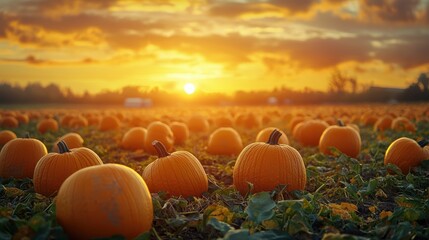 Pumpkin farm at sunset with vibrant orange pumpkins and a warm glowing sky reflecting the beauty of autumn