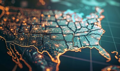 Futuristic technology USA map with glowing lights, global communication and connection concept.