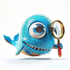 A cheerful blue whale peers through a magnifying glass with curiosity and delight in this 3D illustration, emphasizing a sense of wonder.