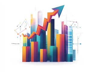 Financial growth arrow soaring above bar charts, modern business concept, vector design, isolated on white background