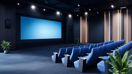 Naklejka premium Business presentation venue with tiered seating facing a large digital screen