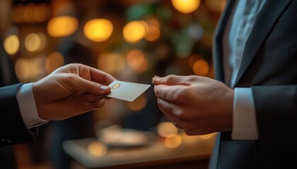 Business networking event with professionals exchanging business cards, elegant venue, sharp focus, warm lighting