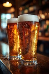 Frosty glasses of light beer and light ale on a bar counter in the background of a blurry bar scene