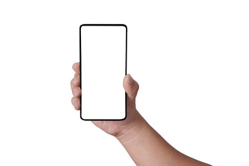 Close up of male person hand holding empty blank smartphone, phone template mockup, cut out isolated