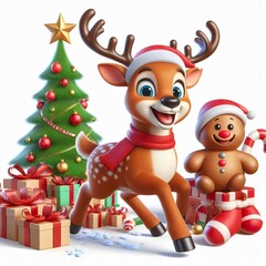 3d Cartoon Happy christmas reindeer hyper-realistic, isolated on a white background