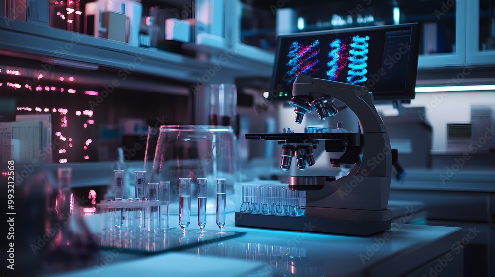 Poster a modern laboratory microscope with a dna display on a computer monitor