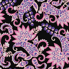 Digital vector textile print. Seamless Design suitable for covers, fabrics, textiles, wrapping paper, featuring an antique Thai pattern Paisley Indian motifs and decorative floral elements