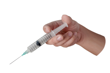 Male person hand holding syringe injection, cut out isolated
